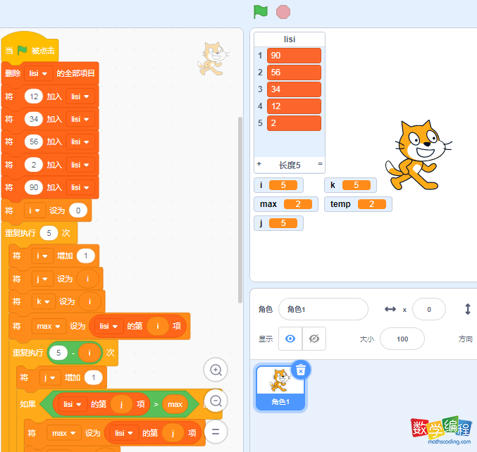scratch选择排序算法，以及整个分解排序的过程