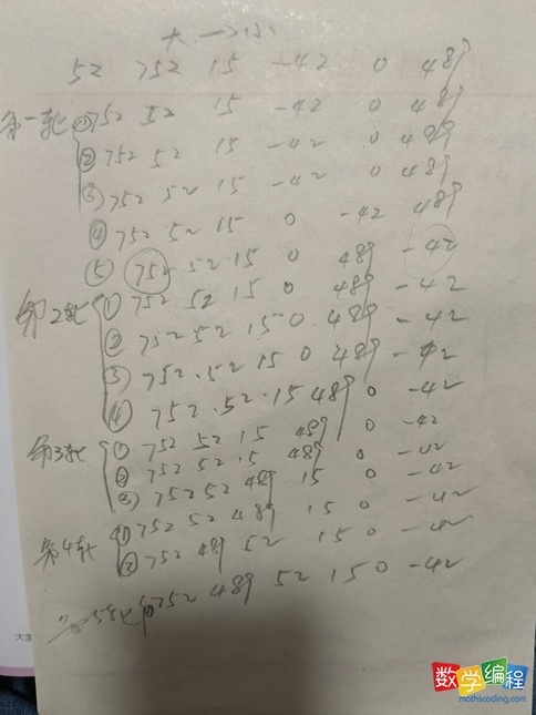 scratch冒泡排序实现数字从大到小排序每轮比较详情