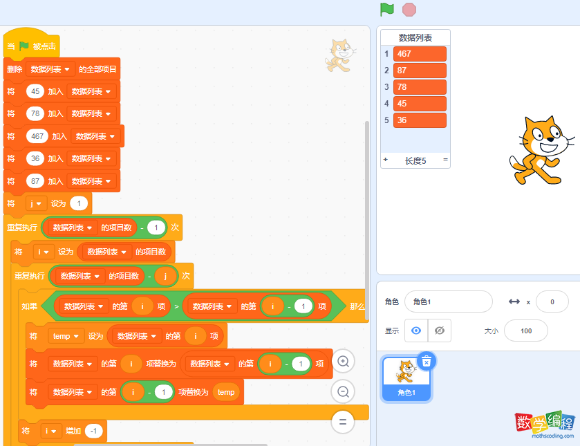 scratch冒泡排序从大到小，用scratch实现冒泡排序算法
